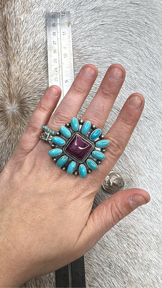 Adjustable Ring Purple Spiny & Turquoise