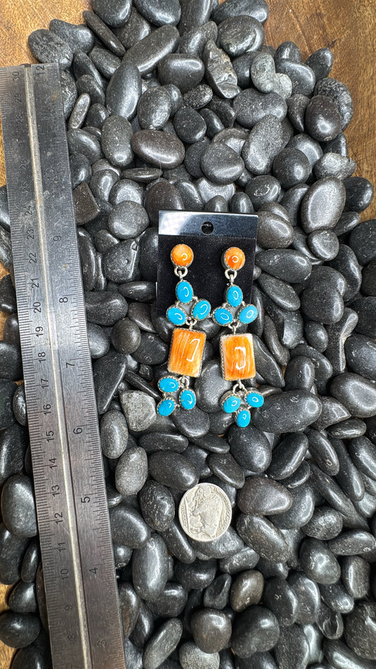 Turquoise and Orange Spiny Oyster Sterling Silver Earrings