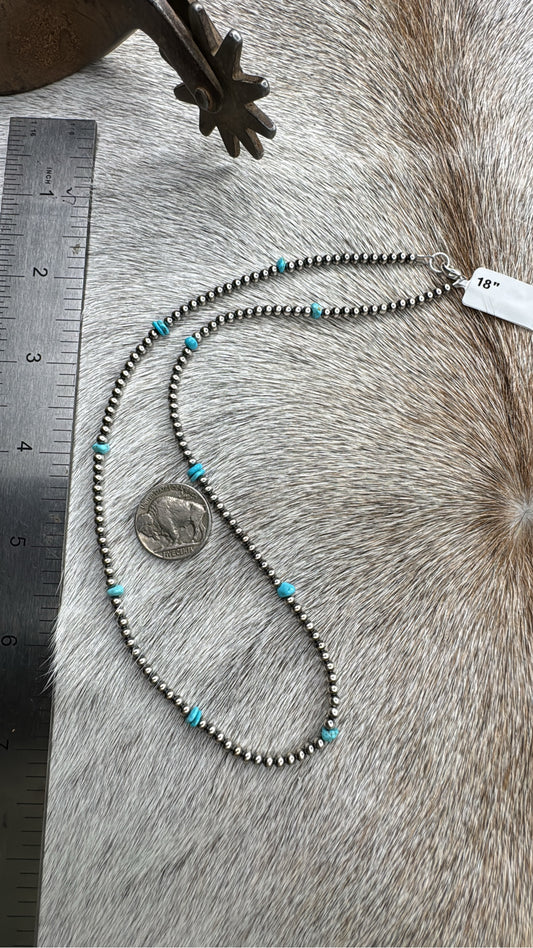 3mm 18” Sterling Silver Pearl & Turquoise Necklace