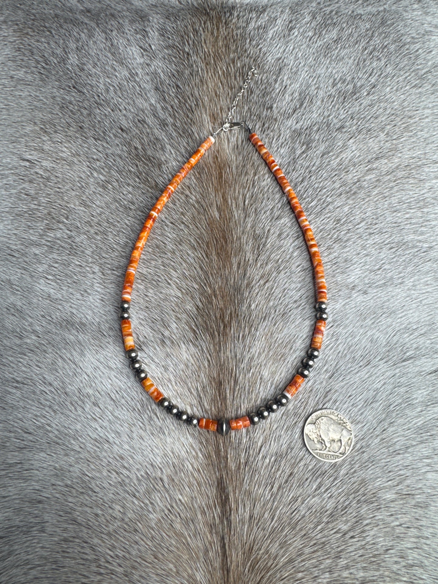 14.5” + Ext Orange Spiny Oyster Necklace With Sterling Silver Pearls