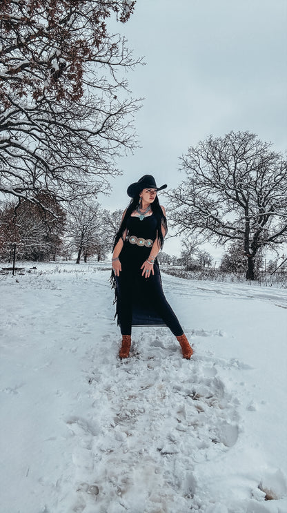 Solid Tank Strap Sleeveless Full Length Maxi Black Dress With Fringe