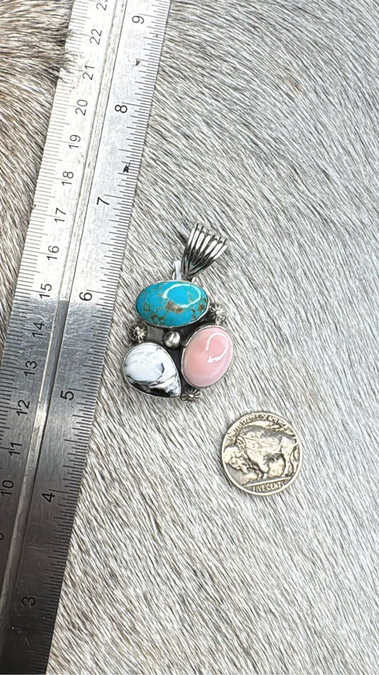 White Buffalo, Pink Conch, & Turquoise Pendant #2