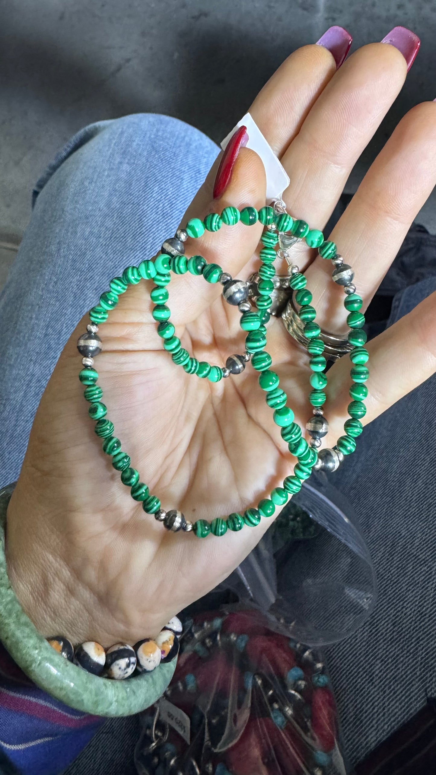 17” Malachite & Sterling Silver Pearl Necklace