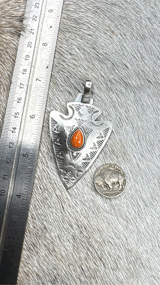 Orange Spiny Pendant Stamped Sterling Arrowhead