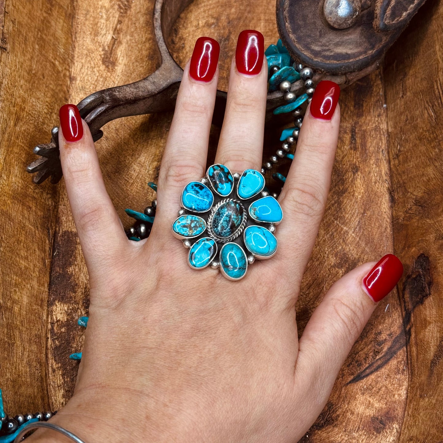 Mixed Mines Turquoise Adjustable Ring Stamped by Artisan B Begay