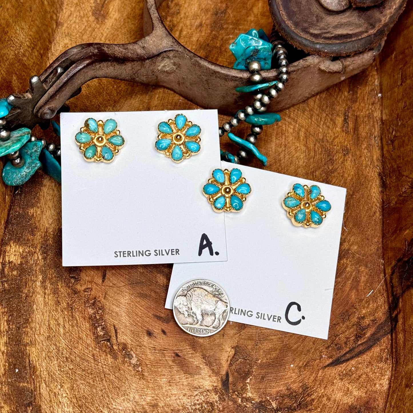 Kingman Turquoise Gold Cluster Earrings