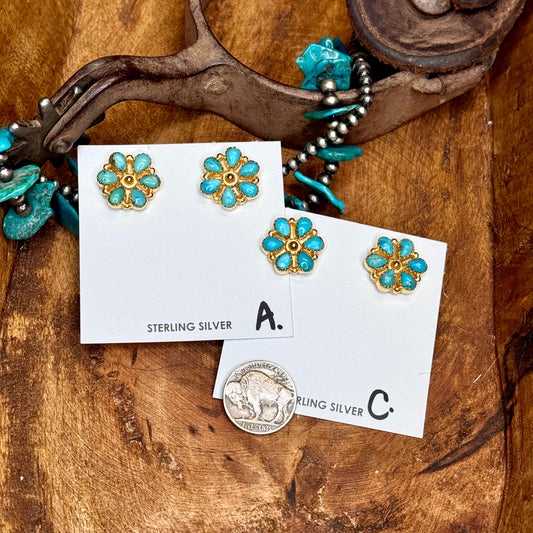 Kingman Turquoise Gold Cluster Earrings