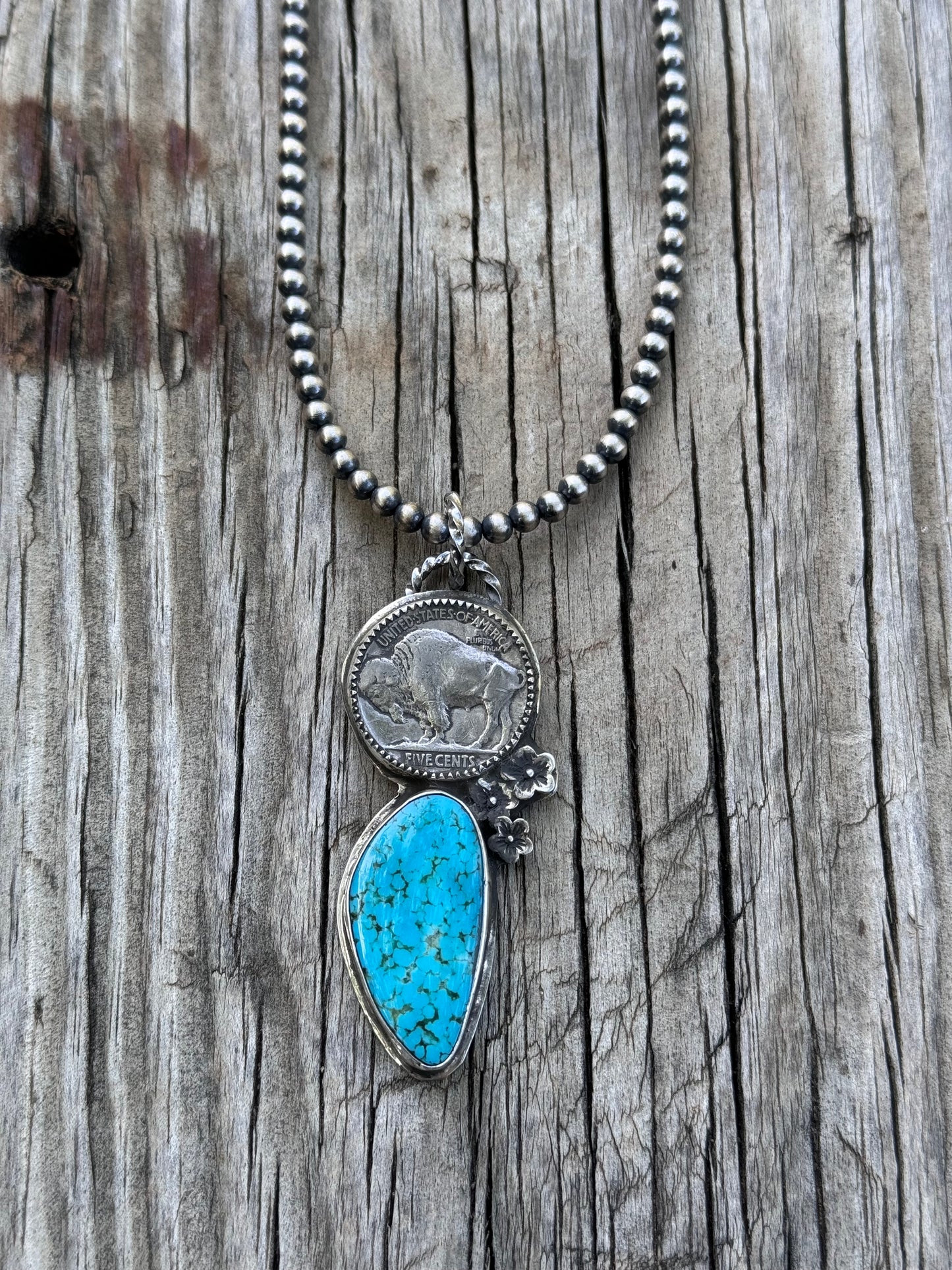 Lujan Silver- Buffalo Nickel Kingman Turquoise #1 Blue Necklace