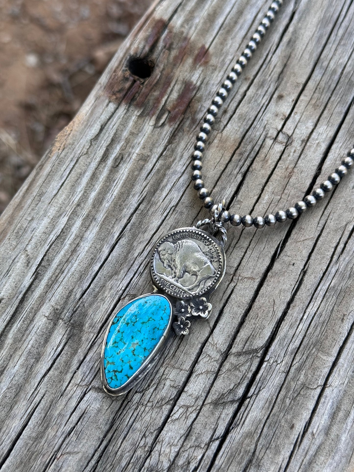 Lujan Silver- Buffalo Nickel Kingman Turquoise #1 Blue Necklace