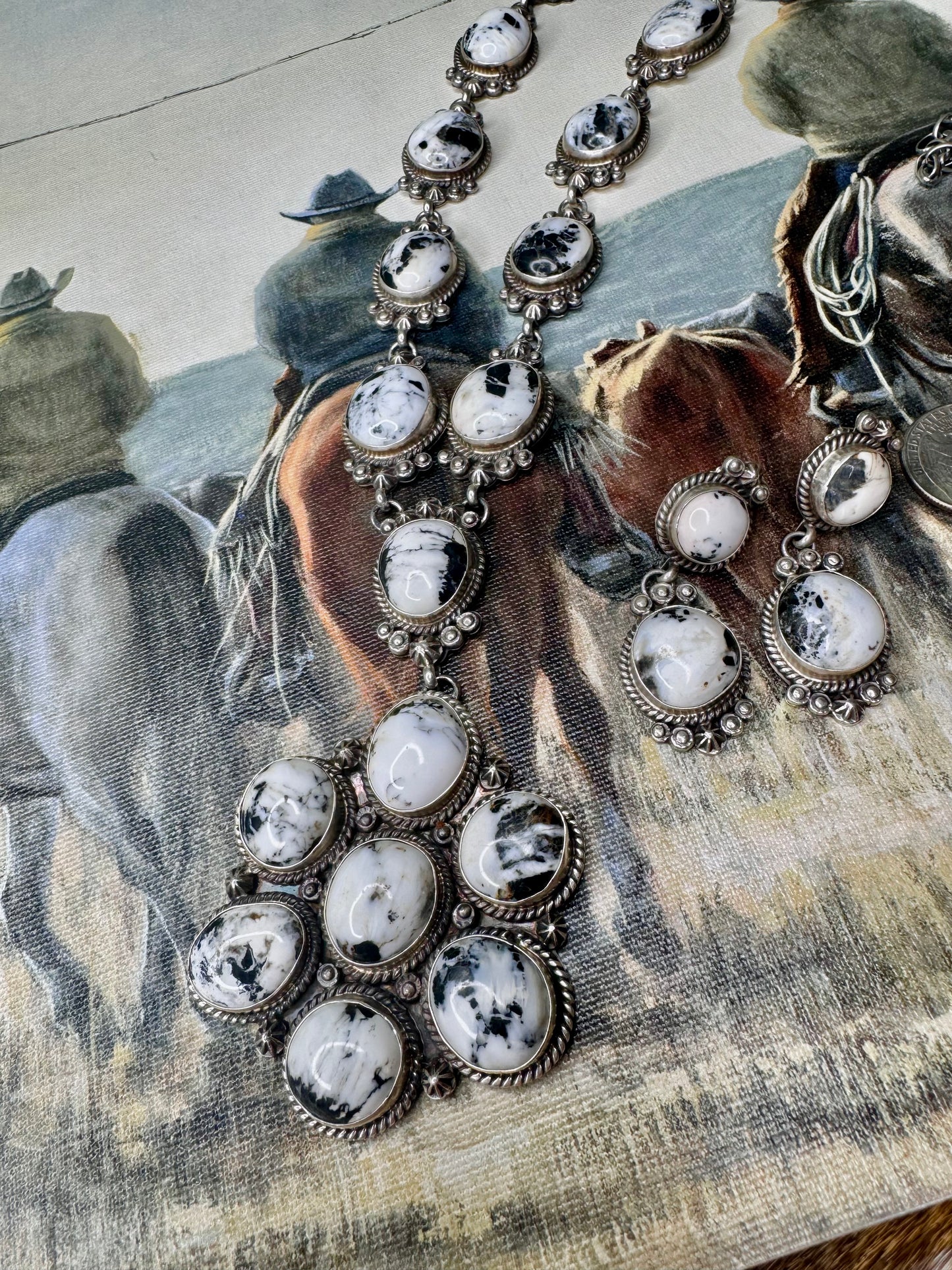 White Buffalo Cluster Necklace & Earring Set by Navajo Artisan Gilbert Tom