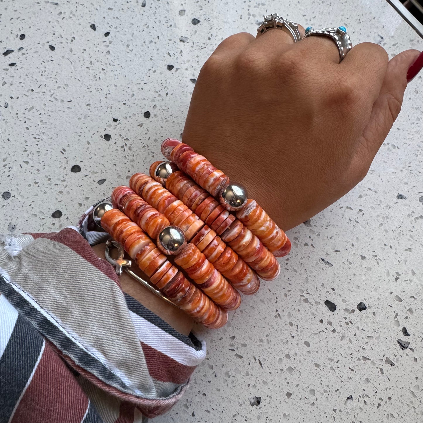 Orange Spiny Oyster 10mm Sterling Pearl Stretchy Bracelets