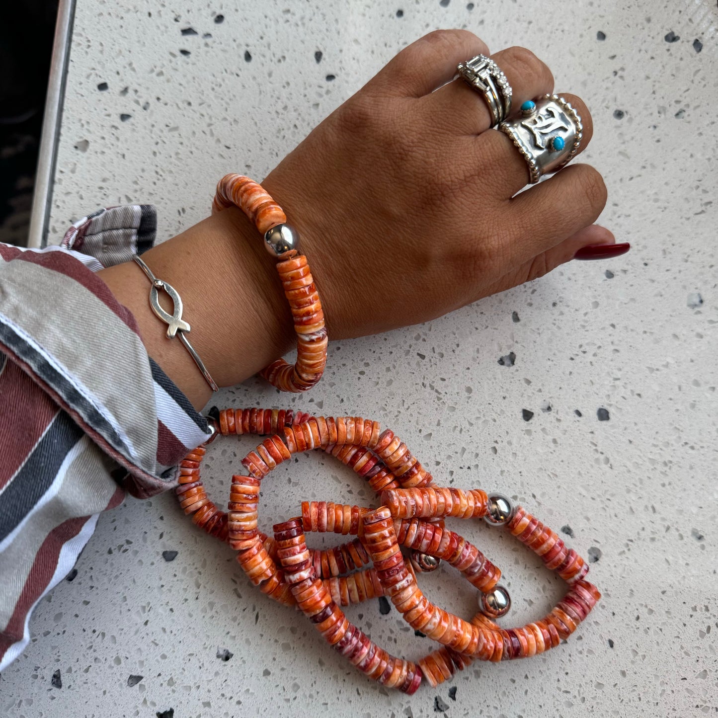 Orange Spiny Oyster 10mm Sterling Pearl Stretchy Bracelets