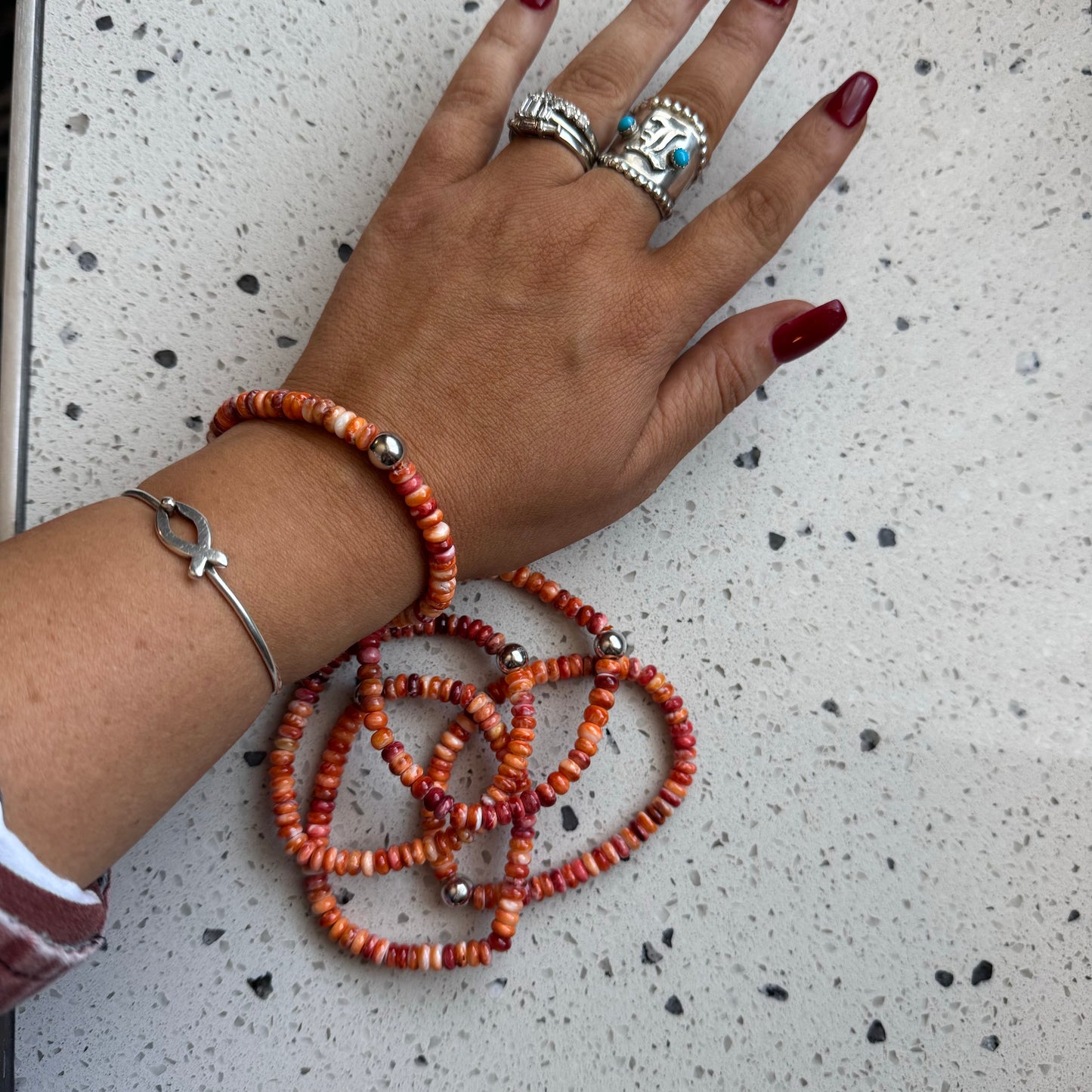 Orange Spiny Oyster 6mm Sterling Pearl Stretchy Bracelets