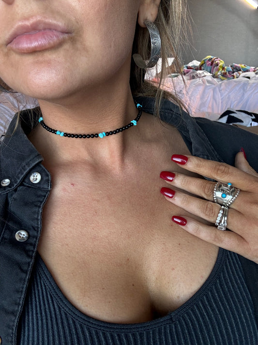 Black Onyx & Turquoise Memory Wire Choker Necklace #SSC