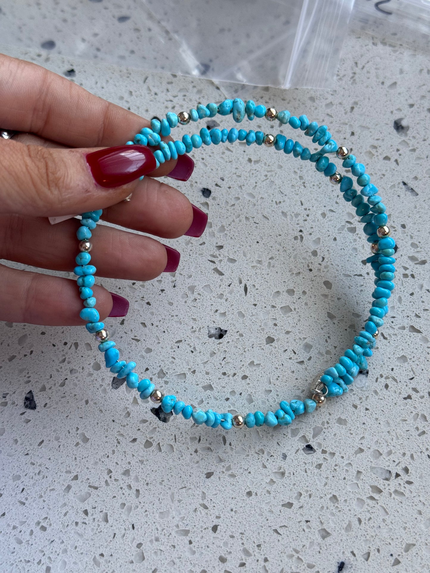 Silver Pearl & Turquoise Nugget Memory Wire Choker Necklace