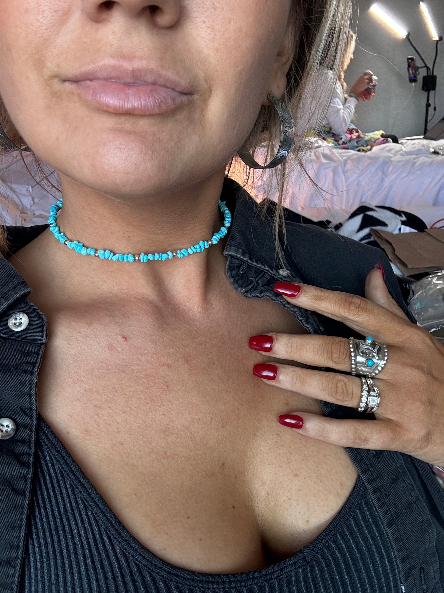 Silver Pearl & Turquoise Nugget Memory Wire Choker Necklace