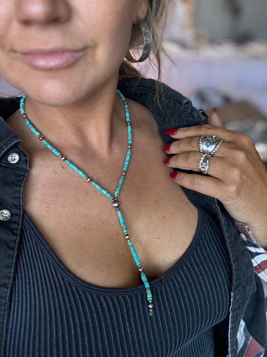 18” Turquoise & Sterling Pearl Lariat Necklace + 4” Drop