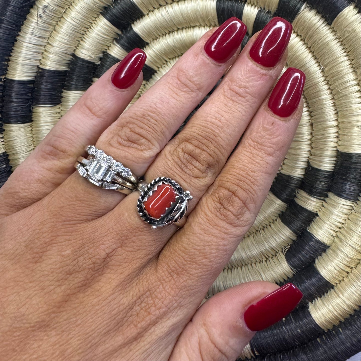 Red Coral & Sterling Silver Size 9