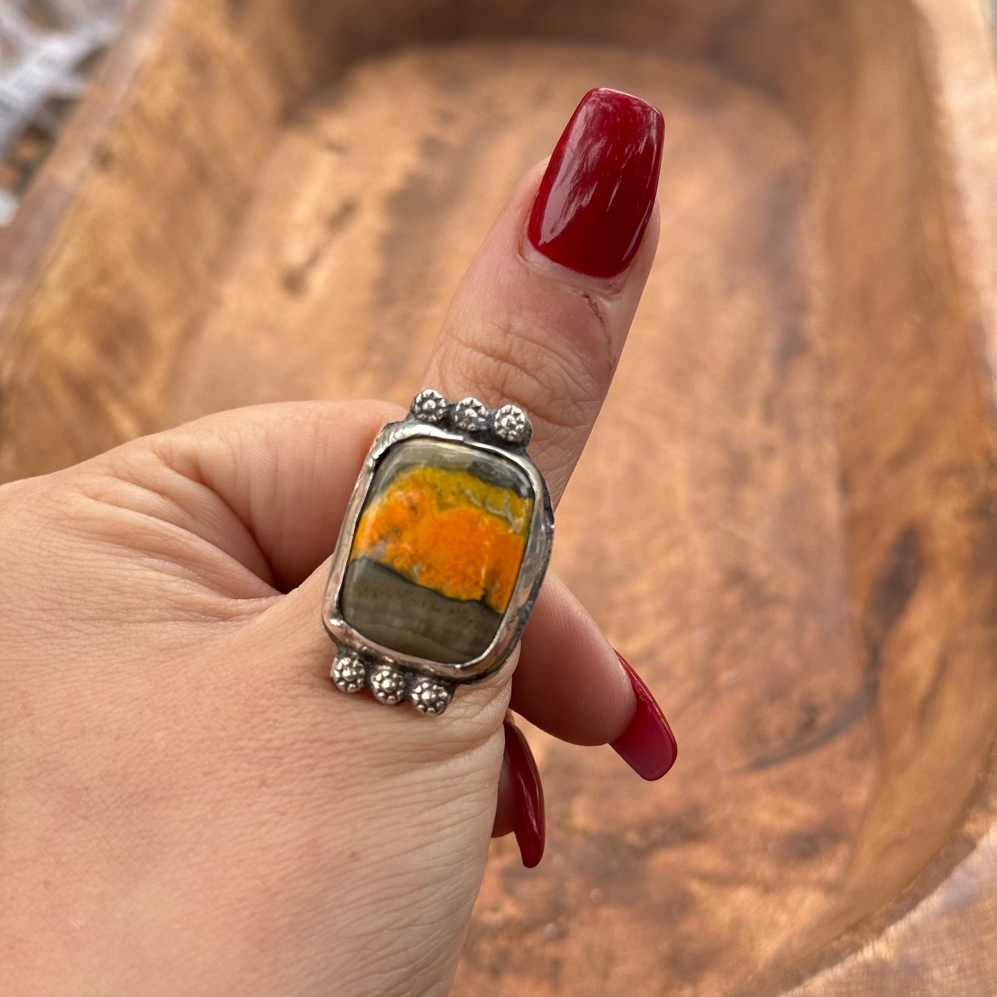 Lujan Silver Bumble Bee Jasper Adjustable Ring