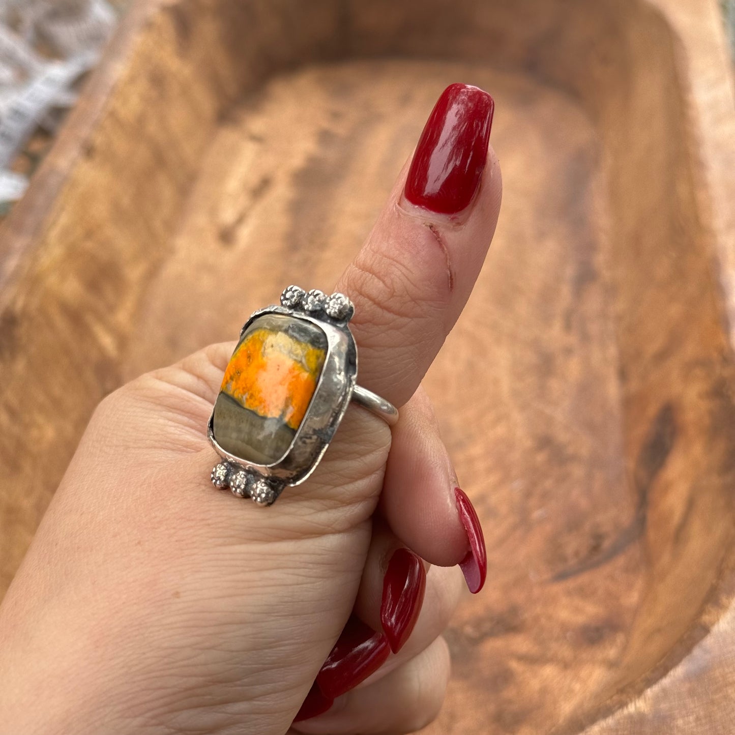 Lujan Silver Bumble Bee Jasper Adjustable Ring