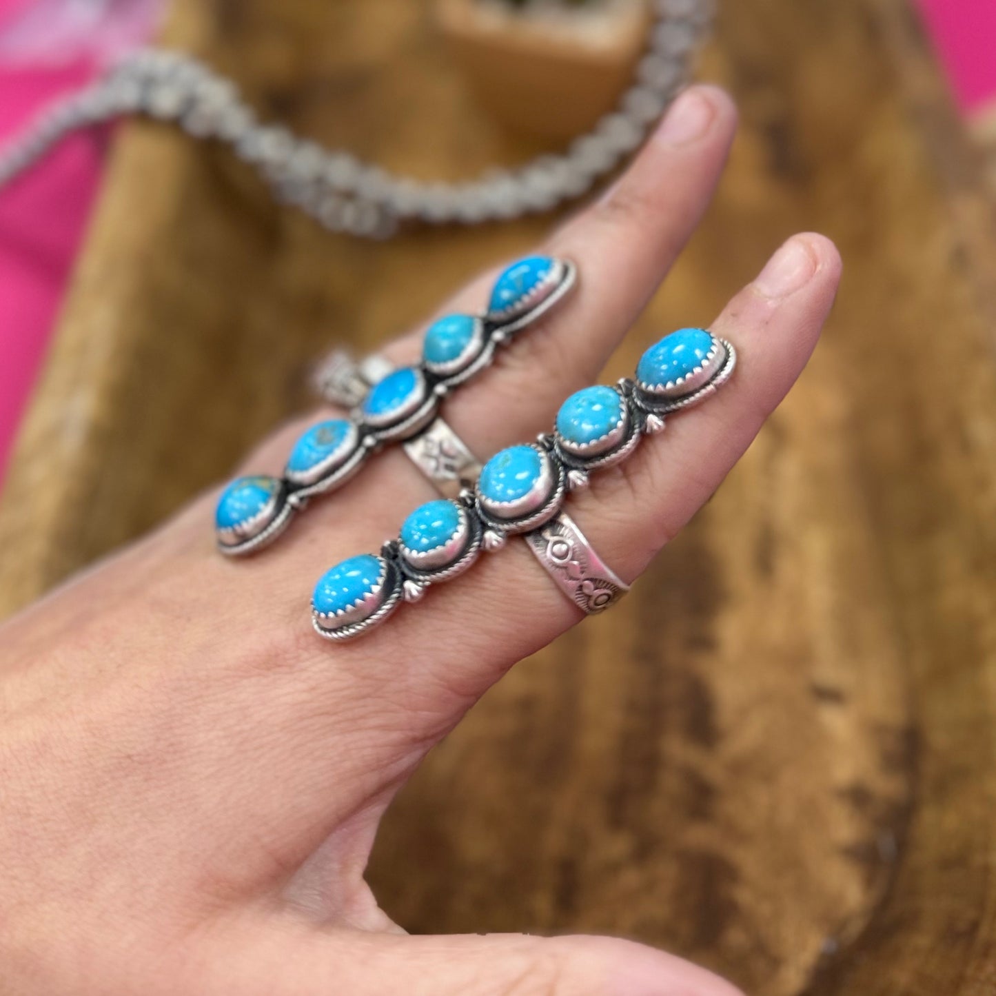 Turquoise Stamped Band Statement Rings- Adjustable