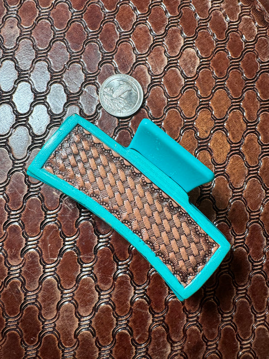 Hair Clip- Turquoise & Tan Basket Stamp