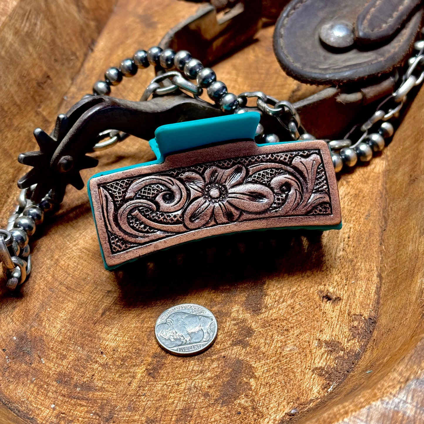 Hair Clip- Turquoise w/ Tooled Leather