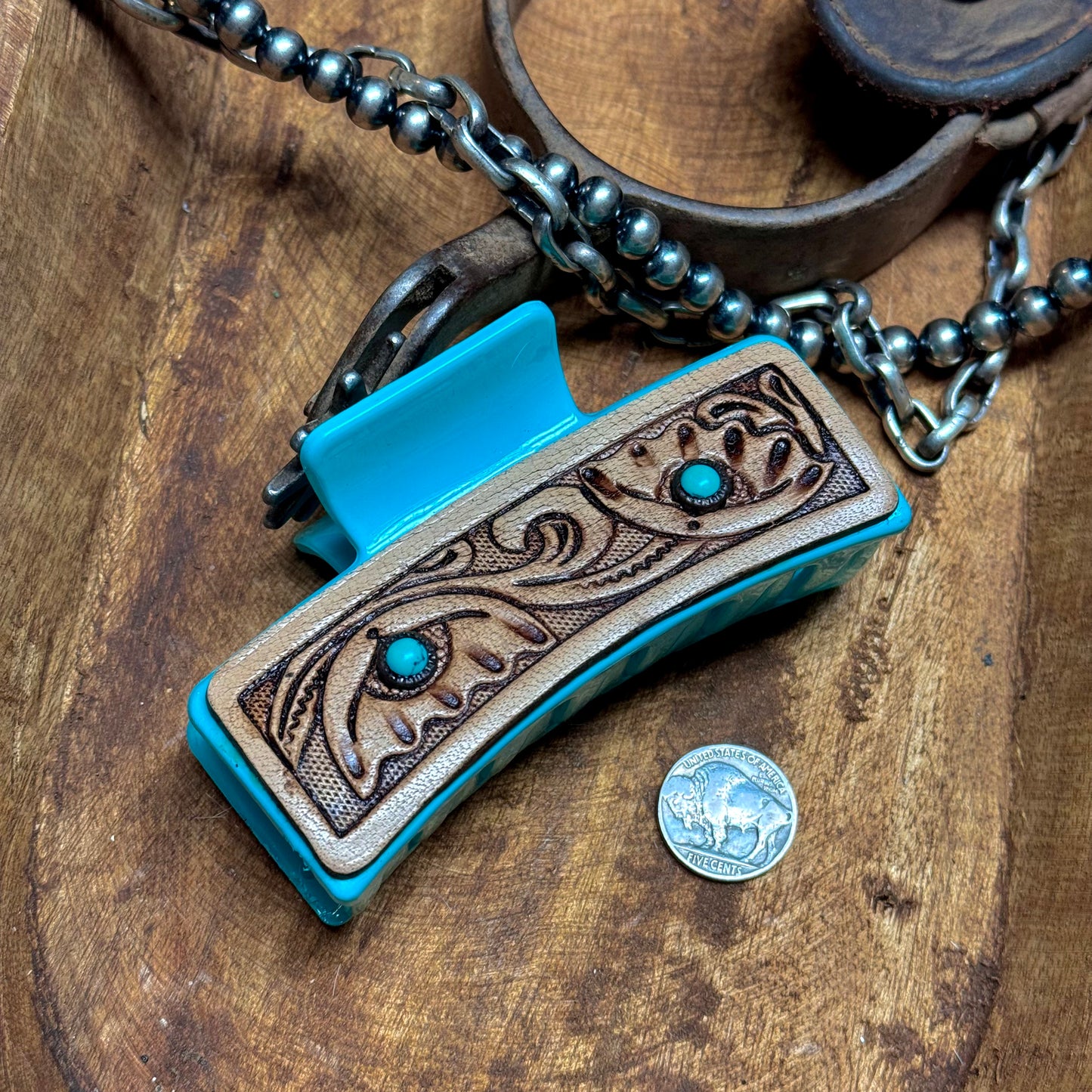 Hair Clip- Turquoise w/ Tooled Leather & Stones