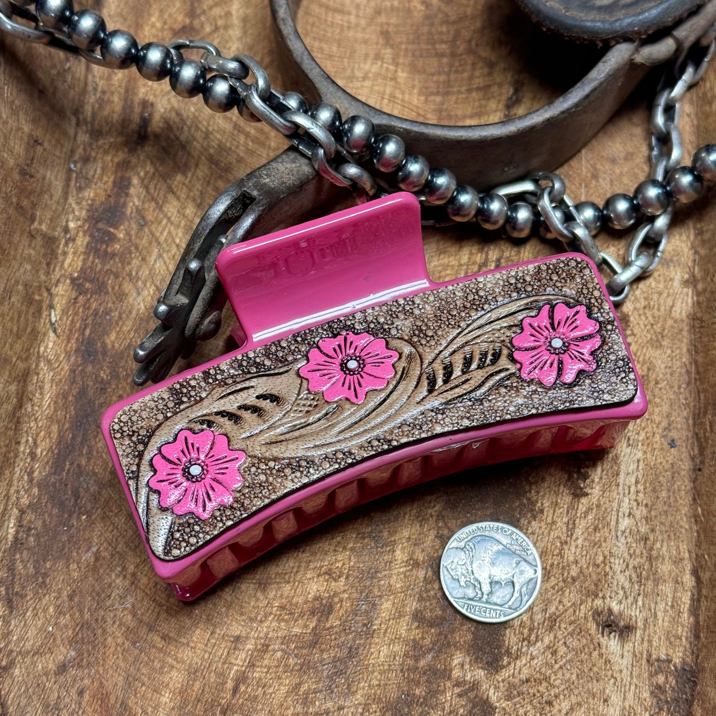 Hair Clip- Pink w/ Tooled Leather & Flowers