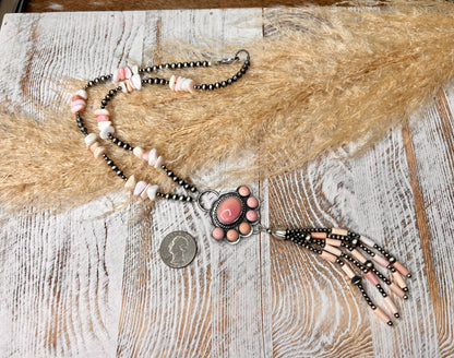 Pink Conch With Sterling Silver Pearls Lariat