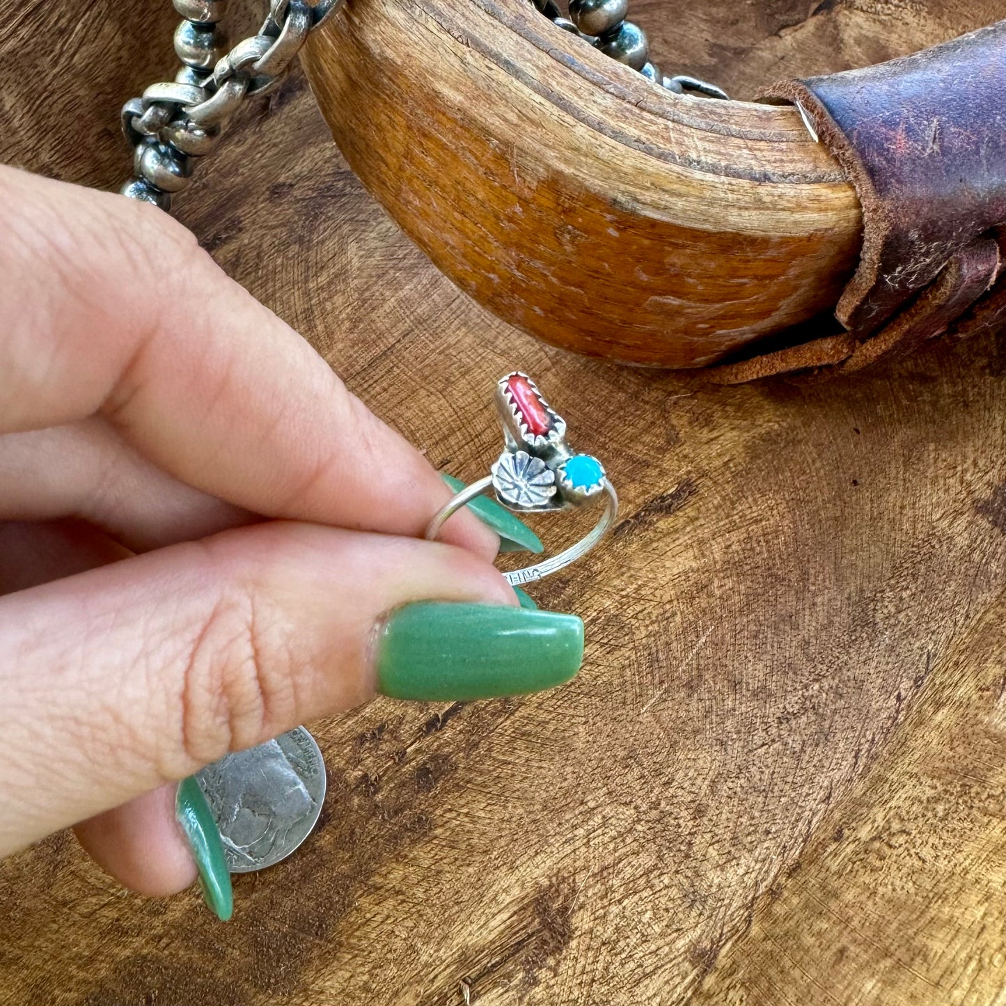 Navajo Handmade by Esther White  Kingman Turquoise & Red Coral Ring Size 6