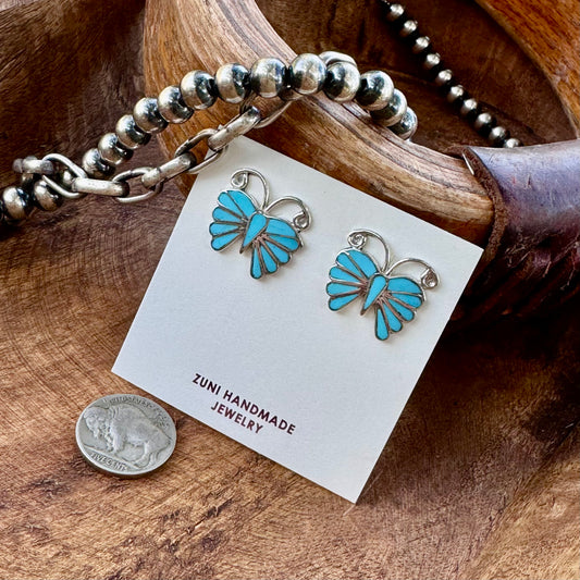 Zuni Artist Emma Eddakie Kingman Turquoise Butterfly Stud Earrings